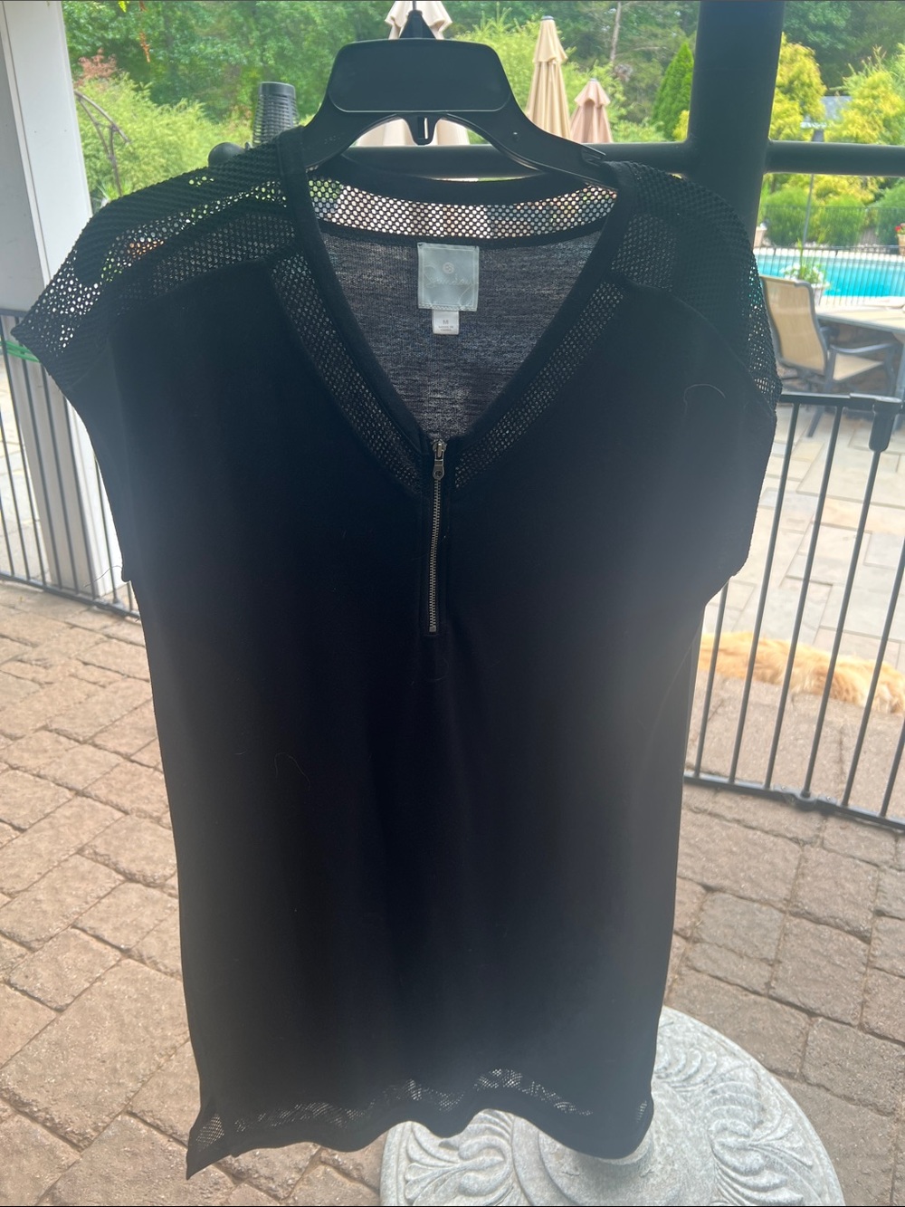 Sunday Black Mesh-Trim Zip Front Sleeveless Top